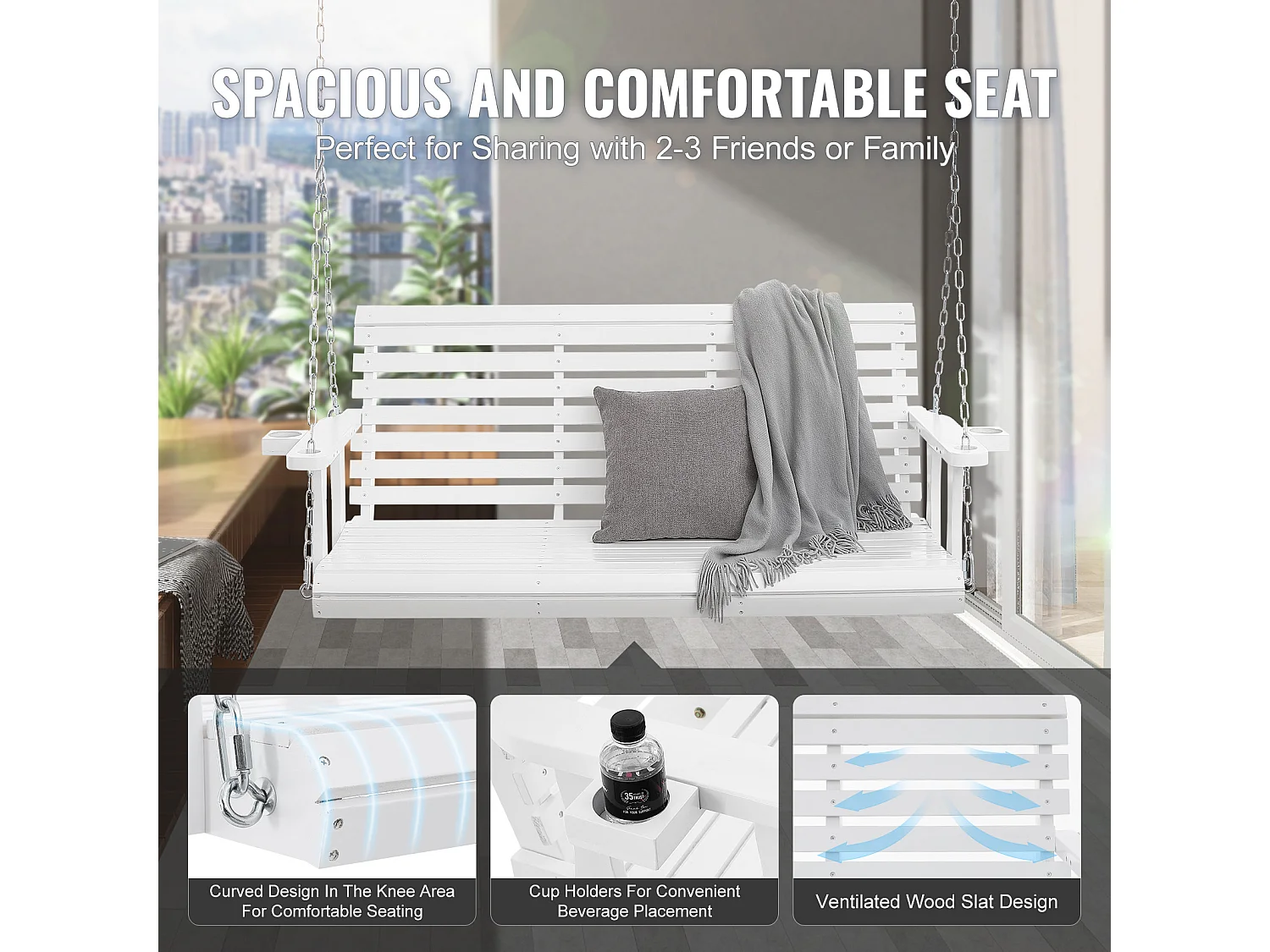 Balançoire de Porche SucceBuy, en Bois de 165 cm, Chaise Suspendue pour Jardin, Patio ou Terrasse, Blanc