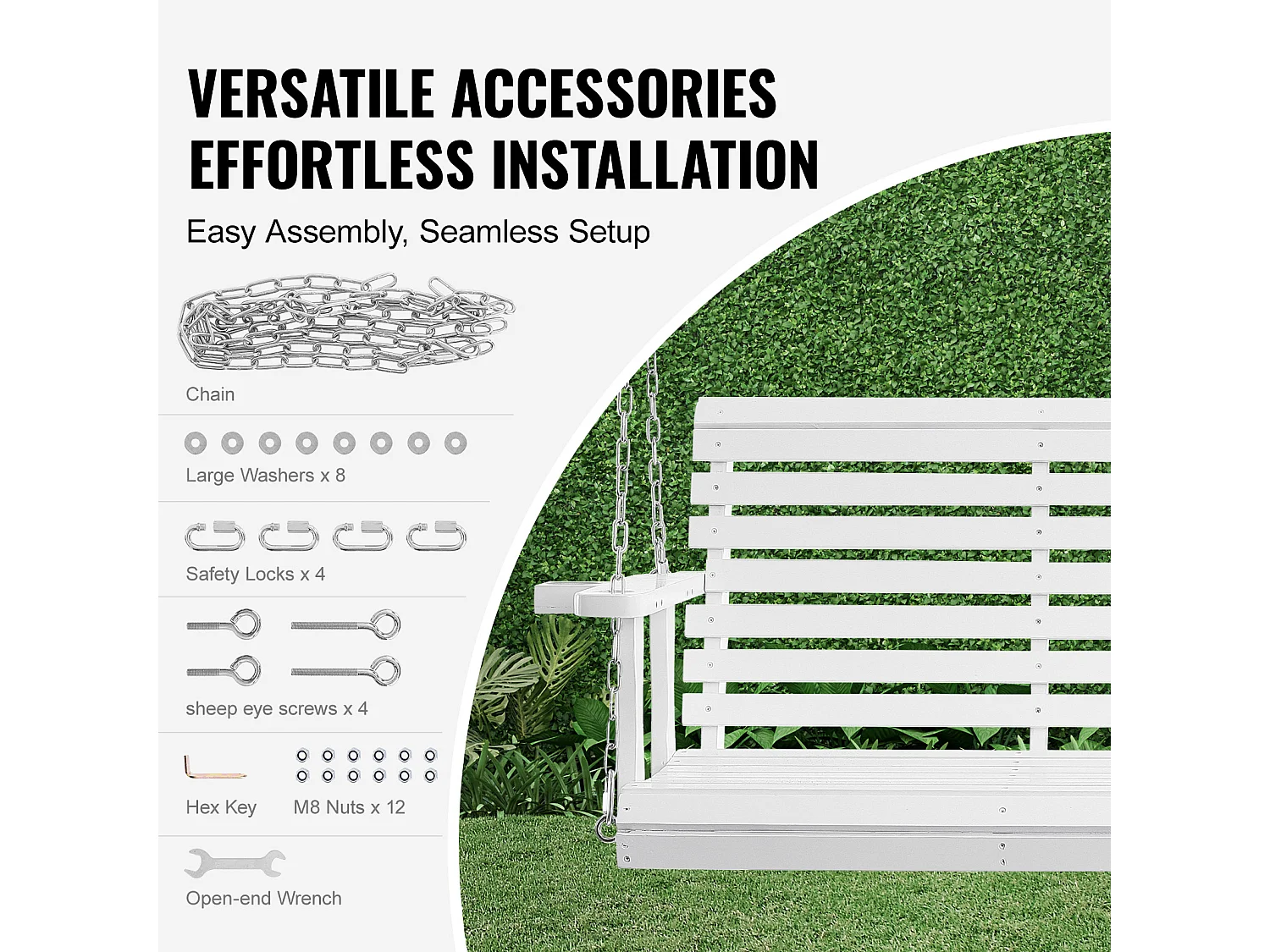 Balançoire de Porche SucceBuy, en Bois de 165 cm, Chaise Suspendue pour Jardin, Patio ou Terrasse, Blanc