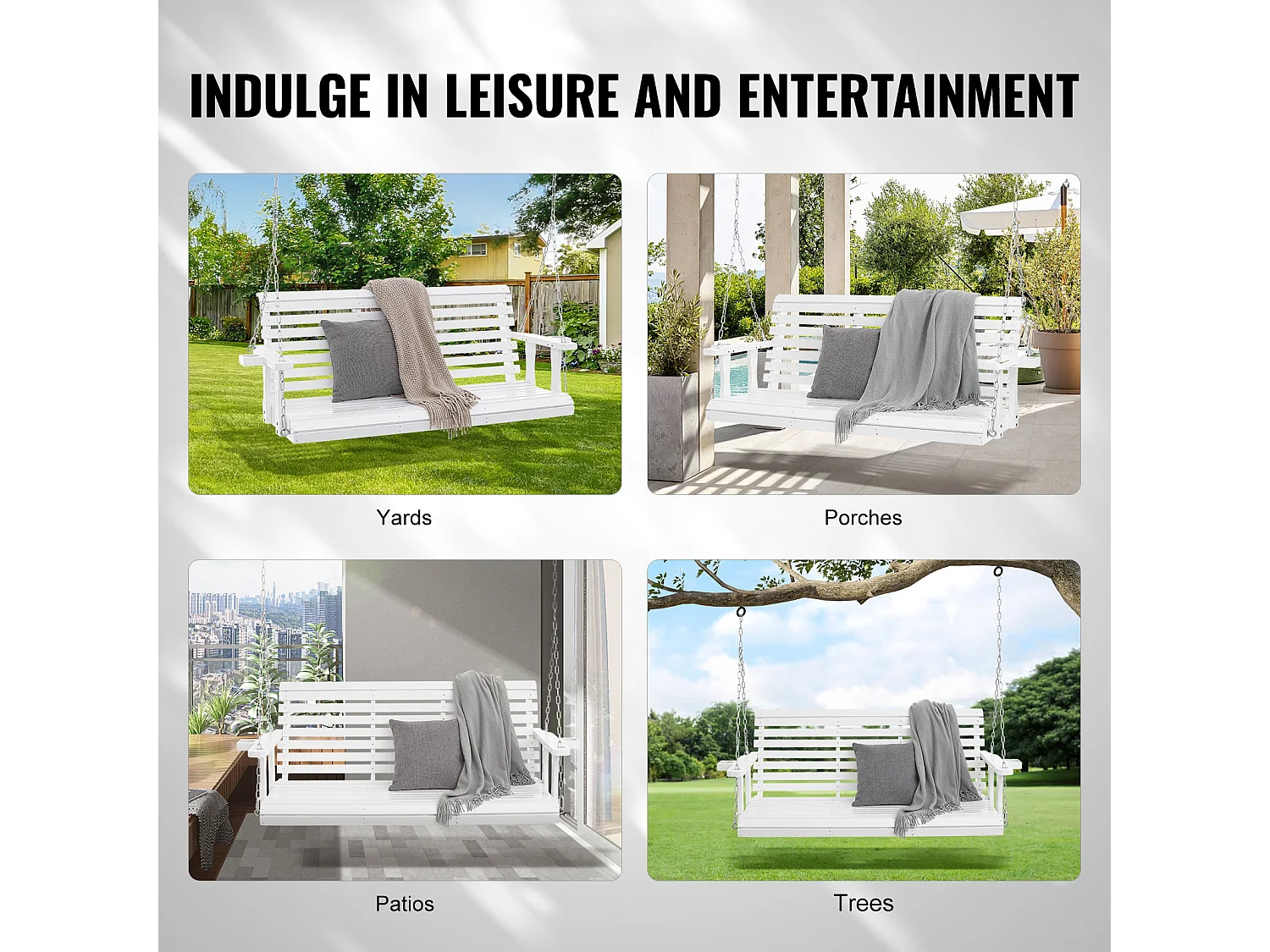 Balançoire de Porche SucceBuy, en Bois de 165 cm, Chaise Suspendue pour Jardin, Patio ou Terrasse, Blanc