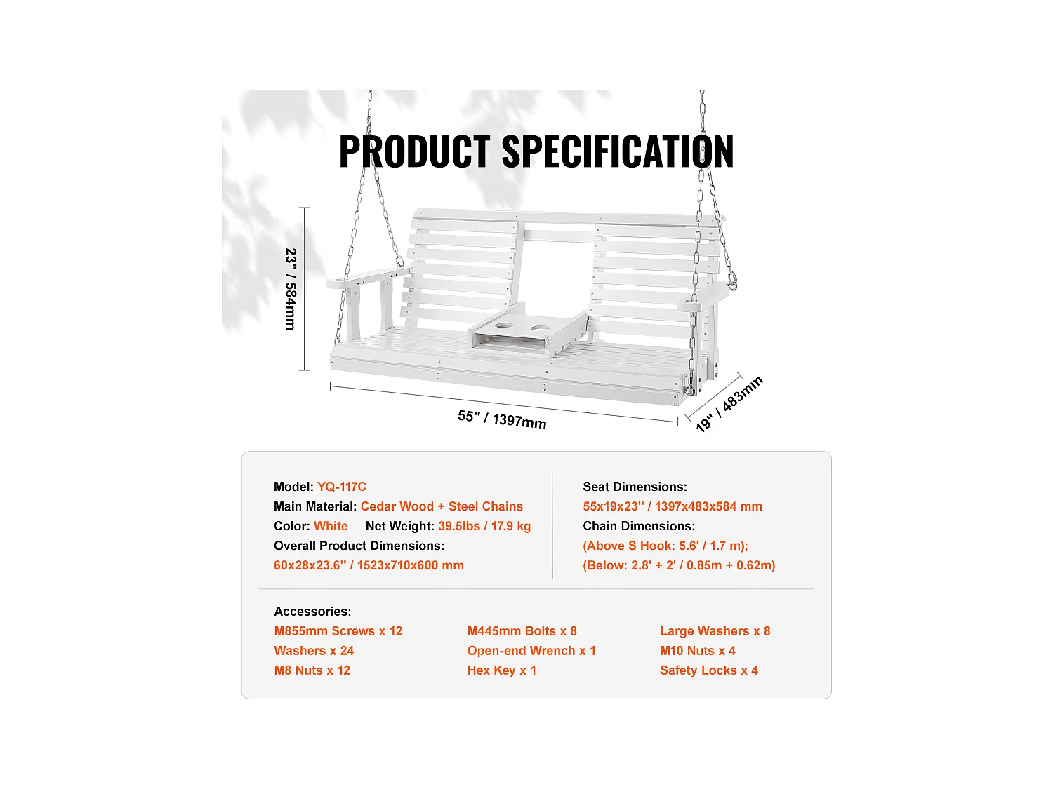 Columpio de Porche SucceBuy, de Madera de 152,4 cm,Silla Suspendida para Jardín, Patio o Terraza, Blanco