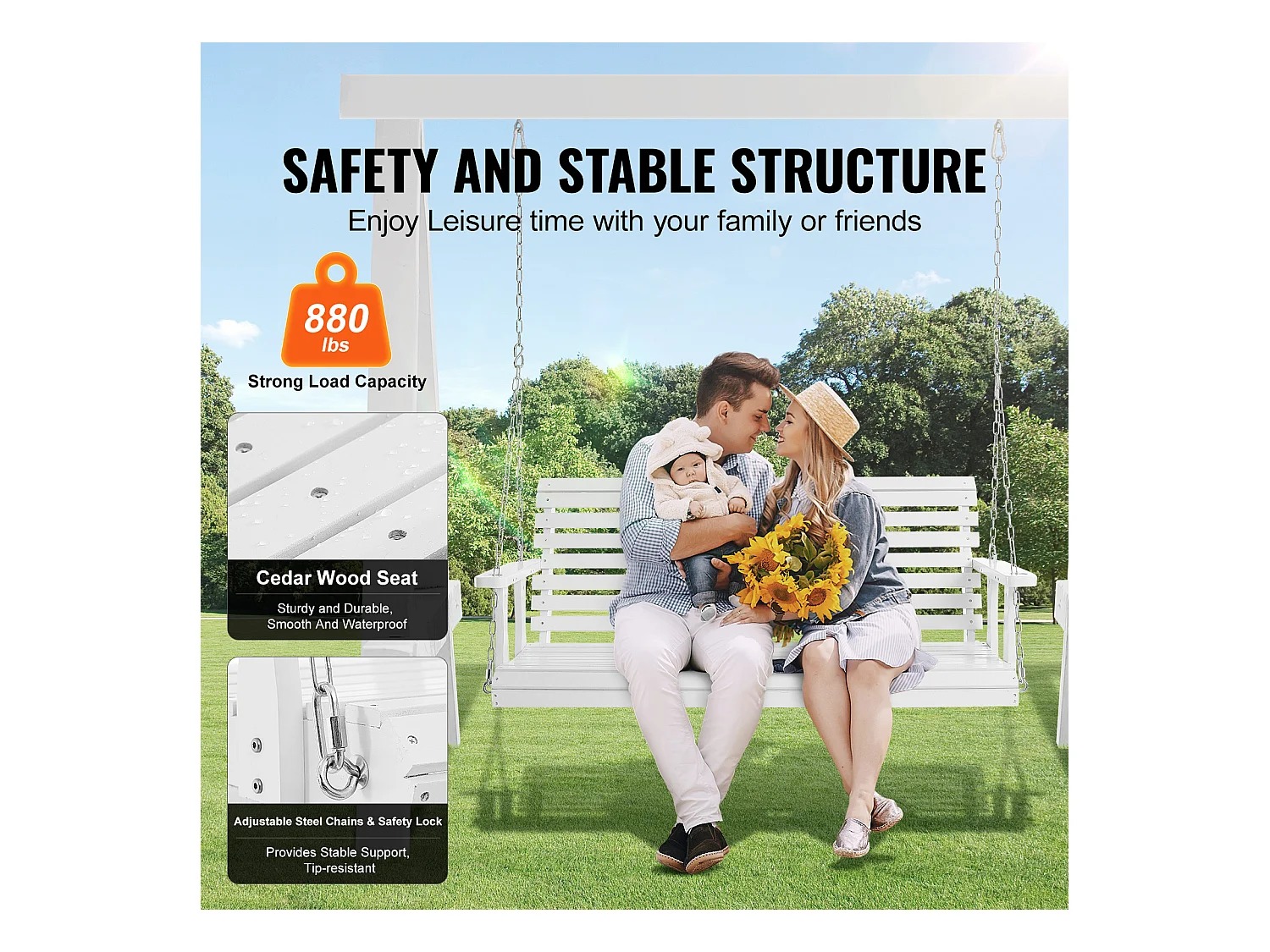 Columpio de Porche SucceBuy, de Madera de 152,4 cm,Silla Suspendida para Jardín, Patio o Terraza, Blanco