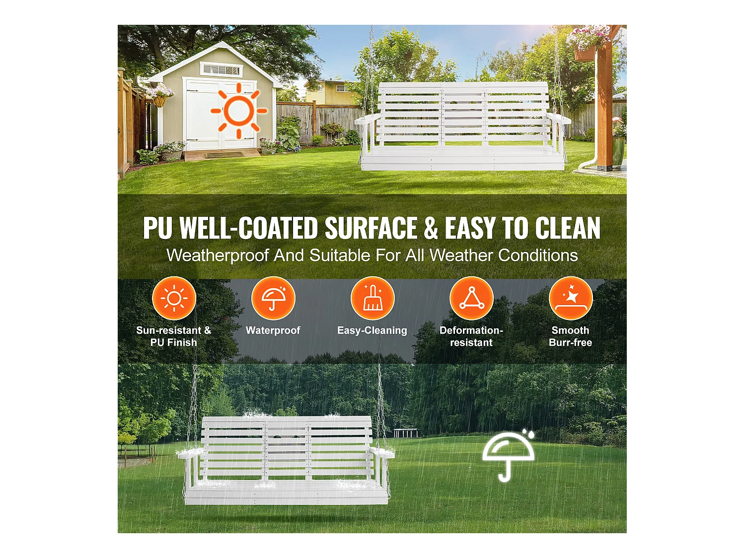 Columpio de Porche SucceBuy, de Madera de 152,4 cm,Silla Suspendida para Jardín, Patio o Terraza, Blanco