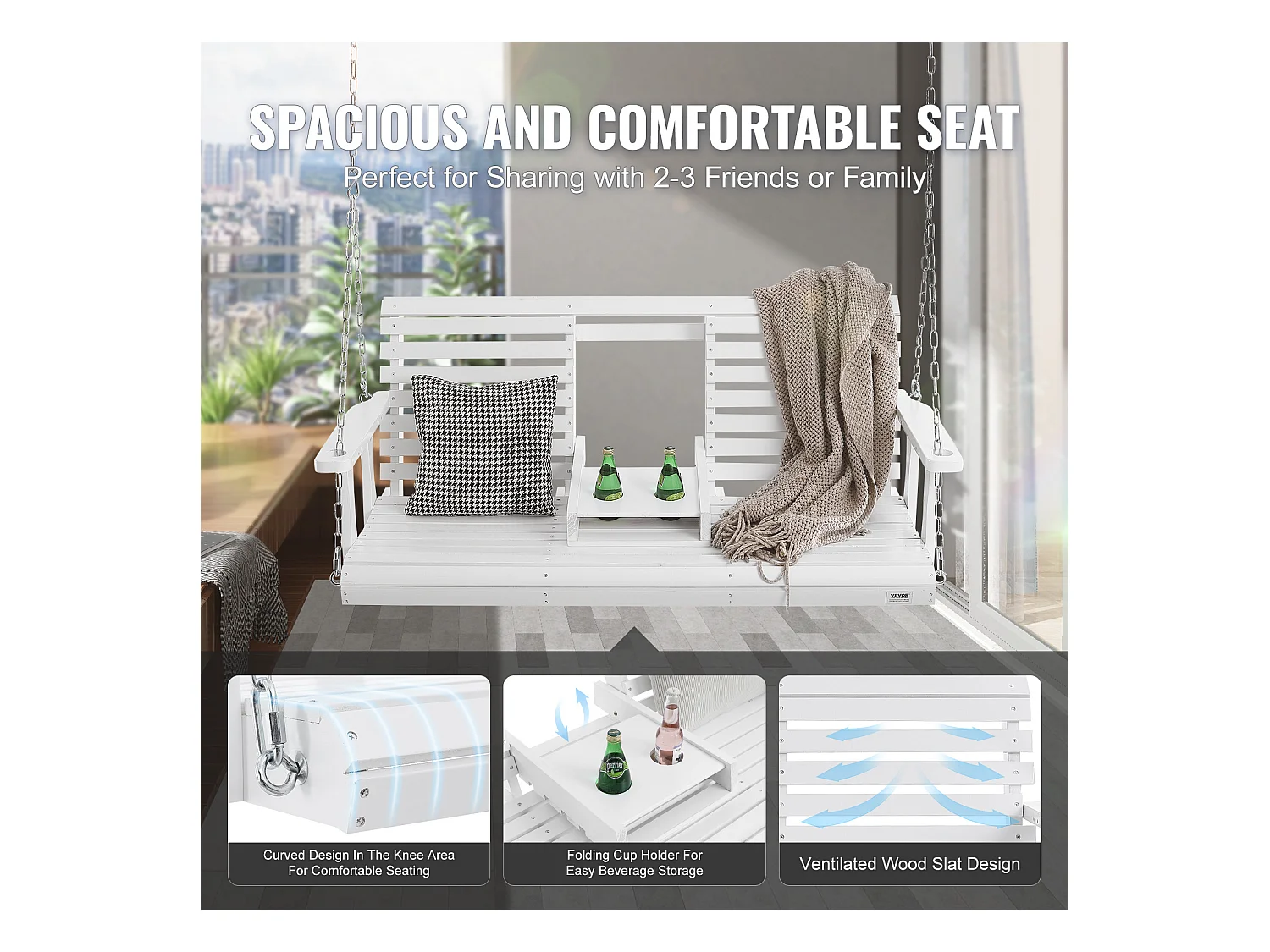 Columpio de Porche SucceBuy, de Madera de 152,4 cm,Silla Suspendida para Jardín, Patio o Terraza, Blanco