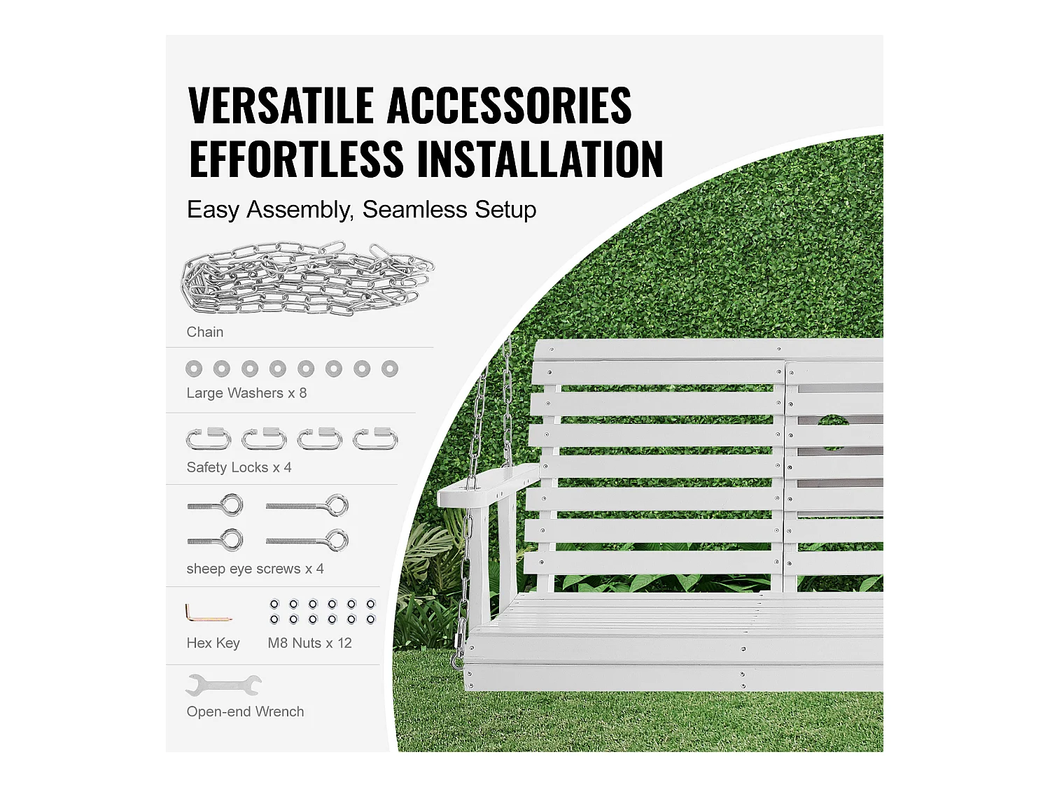 Columpio de Porche SucceBuy, de Madera de 152,4 cm,Silla Suspendida para Jardín, Patio o Terraza, Blanco