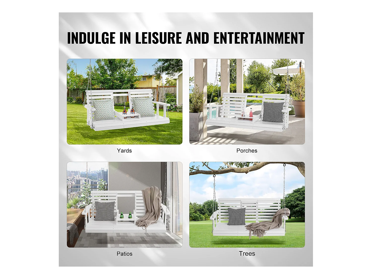 Columpio de Porche SucceBuy, de Madera de 152,4 cm,Silla Suspendida para Jardín, Patio o Terraza, Blanco