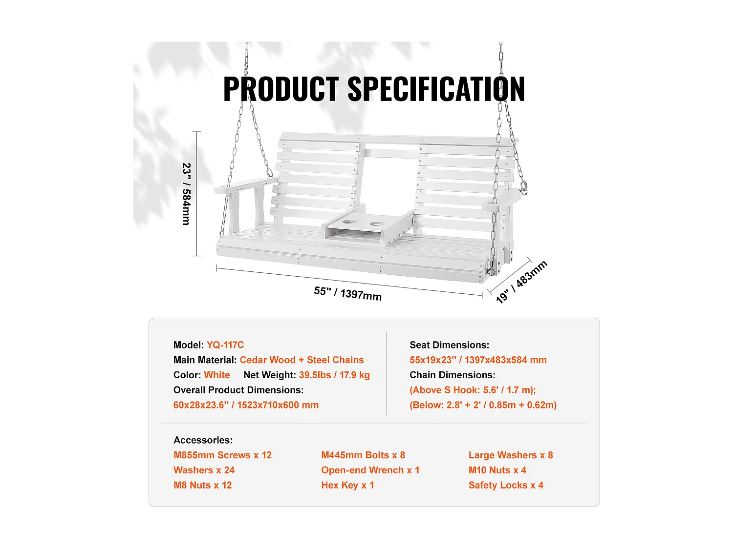Balançoire de Porche SucceBuy, en Bois de 152,4 cm, Chaise Suspendue pour Jardin, Patio ou Terrasse, Blanc