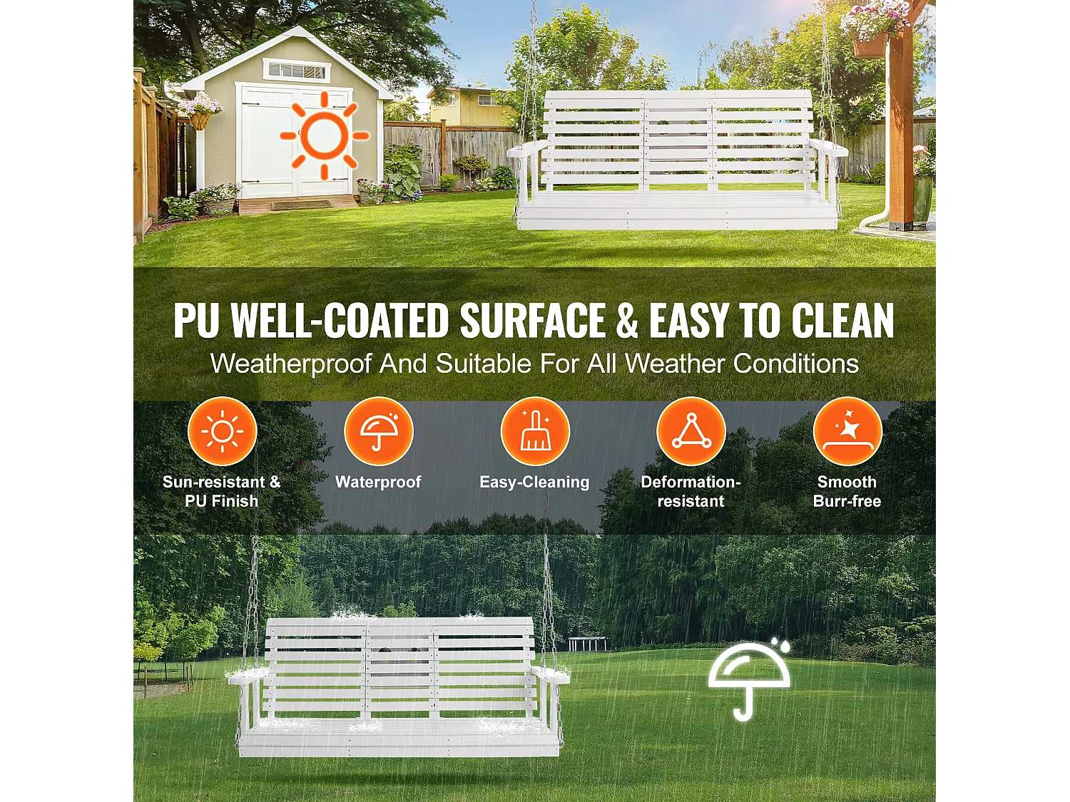 Balançoire de Porche SucceBuy, en Bois de 152,4 cm, Chaise Suspendue pour Jardin, Patio ou Terrasse, Blanc