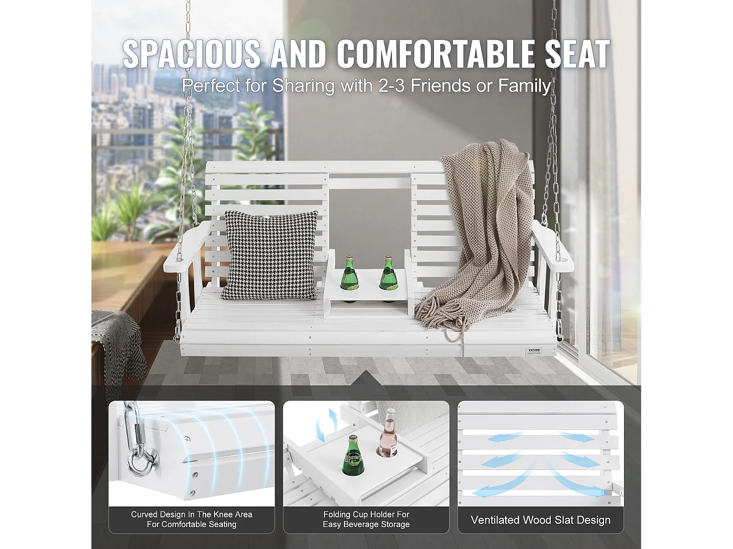 Balançoire de Porche SucceBuy, en Bois de 152,4 cm, Chaise Suspendue pour Jardin, Patio ou Terrasse, Blanc