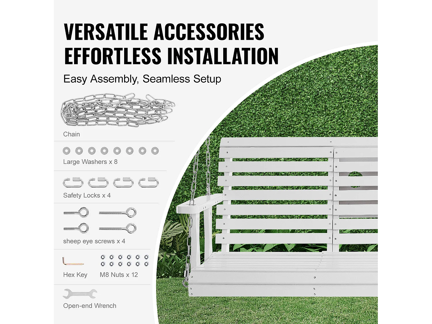 Balançoire de Porche SucceBuy, en Bois de 152,4 cm, Chaise Suspendue pour Jardin, Patio ou Terrasse, Blanc