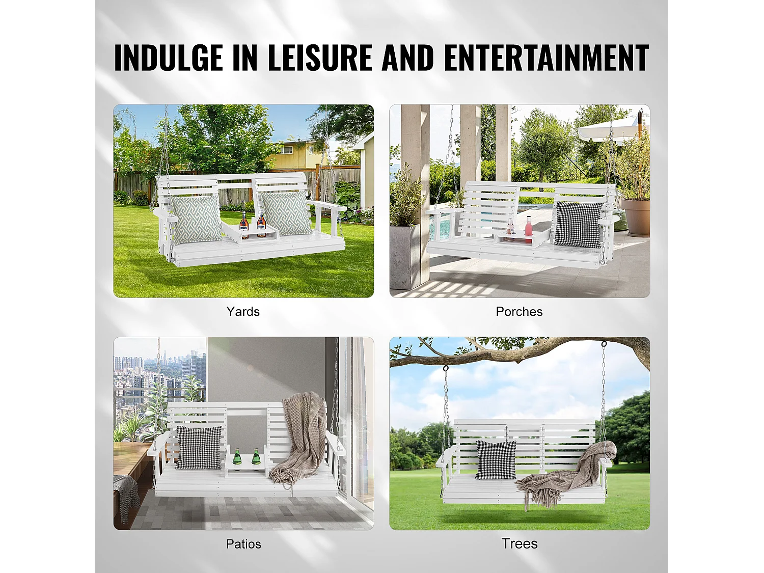 Balançoire de Porche SucceBuy, en Bois de 152,4 cm, Chaise Suspendue pour Jardin, Patio ou Terrasse, Blanc