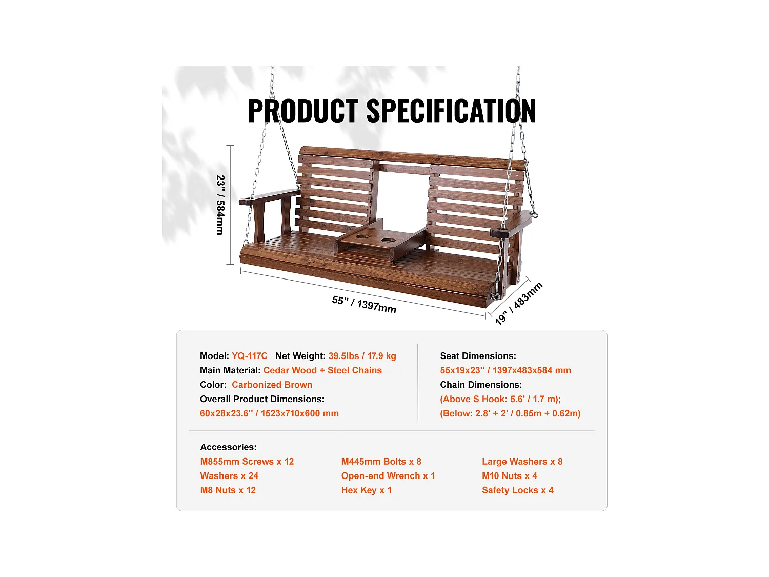 Balançoire de Porche SucceBuy, en Bois de 152,4 cm, Chaise Suspendue pour Jardin, Patio ou Terrasse, Marron