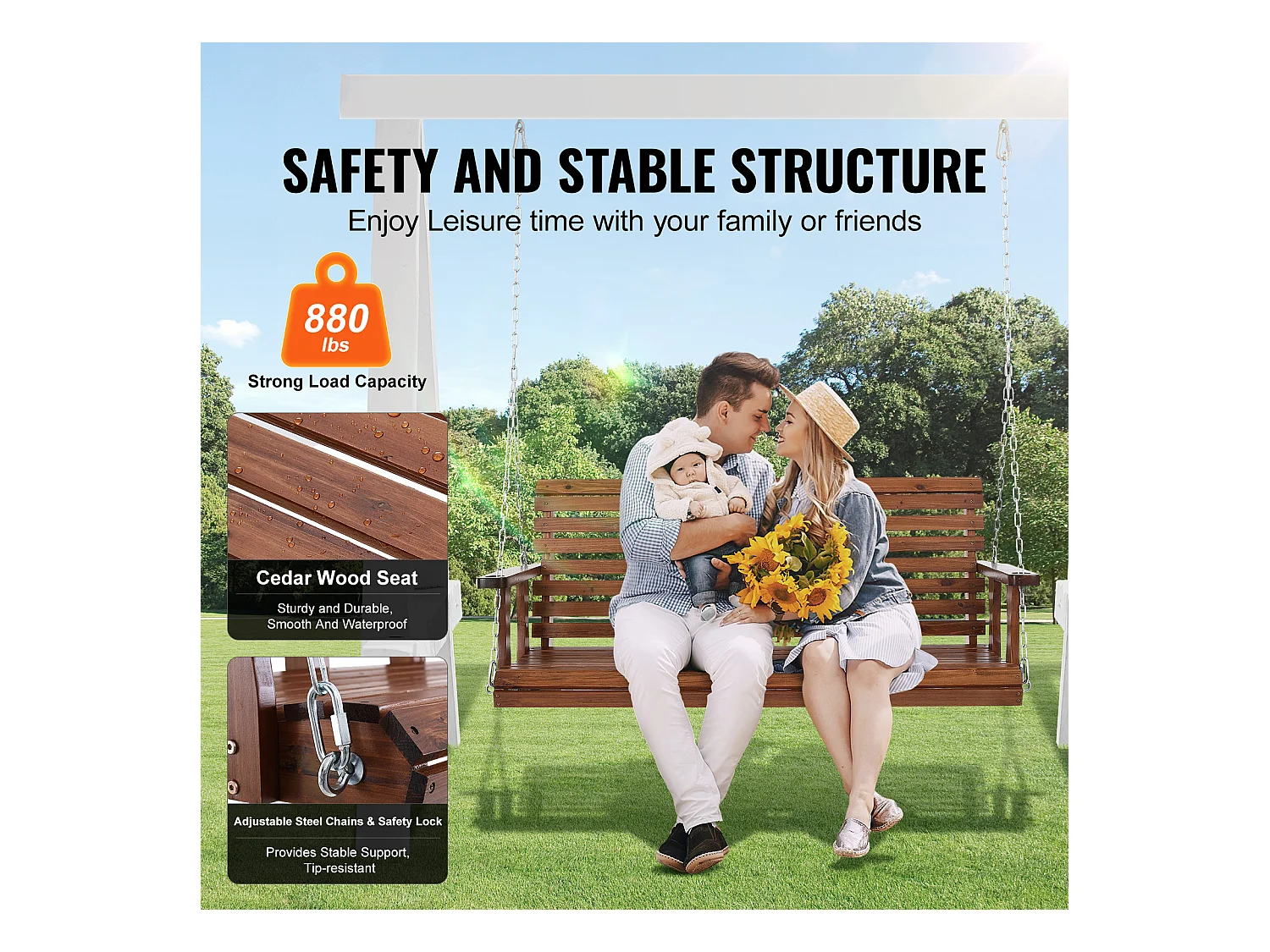 Balançoire de Porche SucceBuy, en Bois de 152,4 cm, Chaise Suspendue pour Jardin, Patio ou Terrasse, Marron