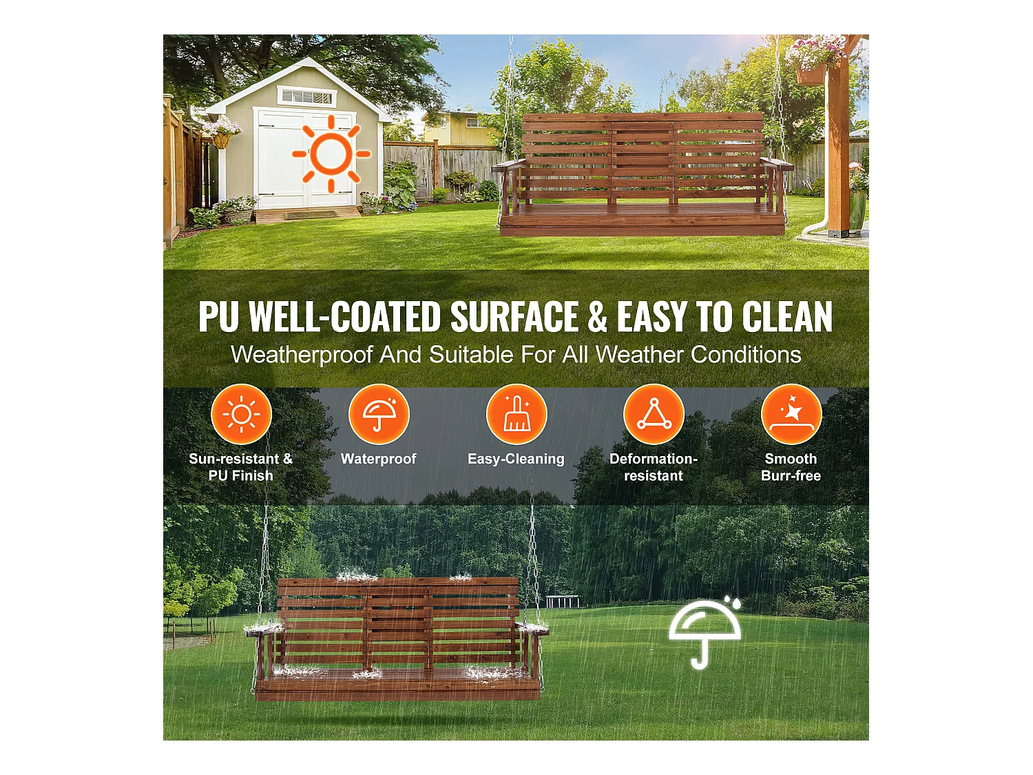 Balançoire de Porche SucceBuy, en Bois de 152,4 cm, Chaise Suspendue pour Jardin, Patio ou Terrasse, Marron