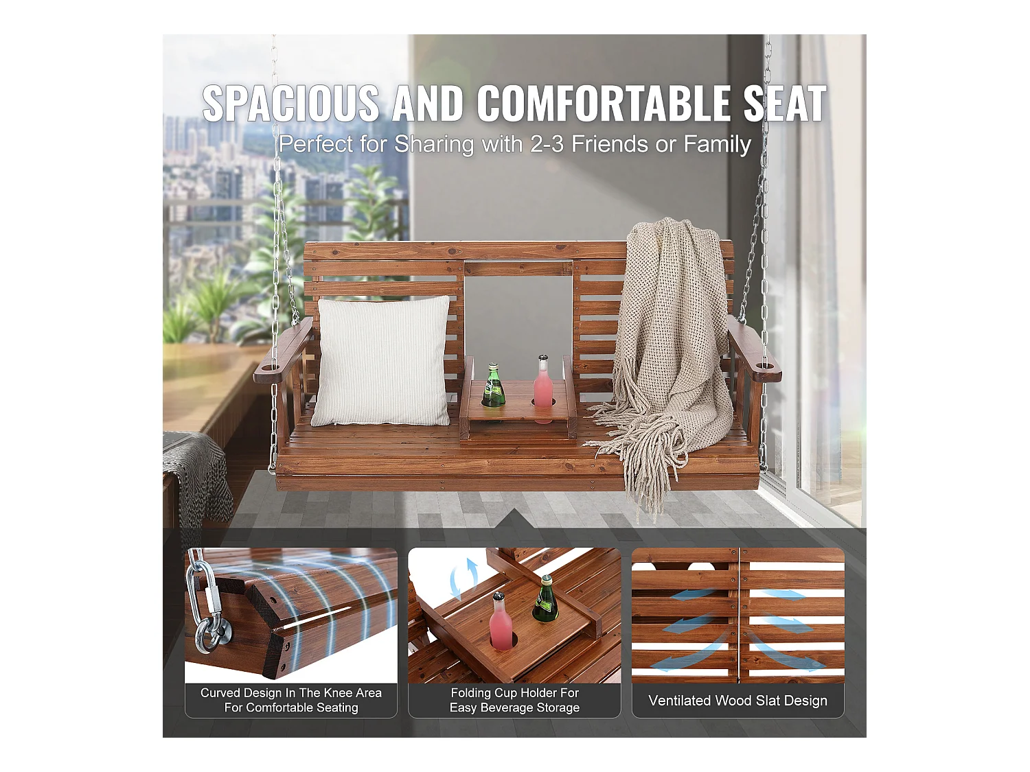 Balançoire de Porche SucceBuy, en Bois de 152,4 cm, Chaise Suspendue pour Jardin, Patio ou Terrasse, Marron