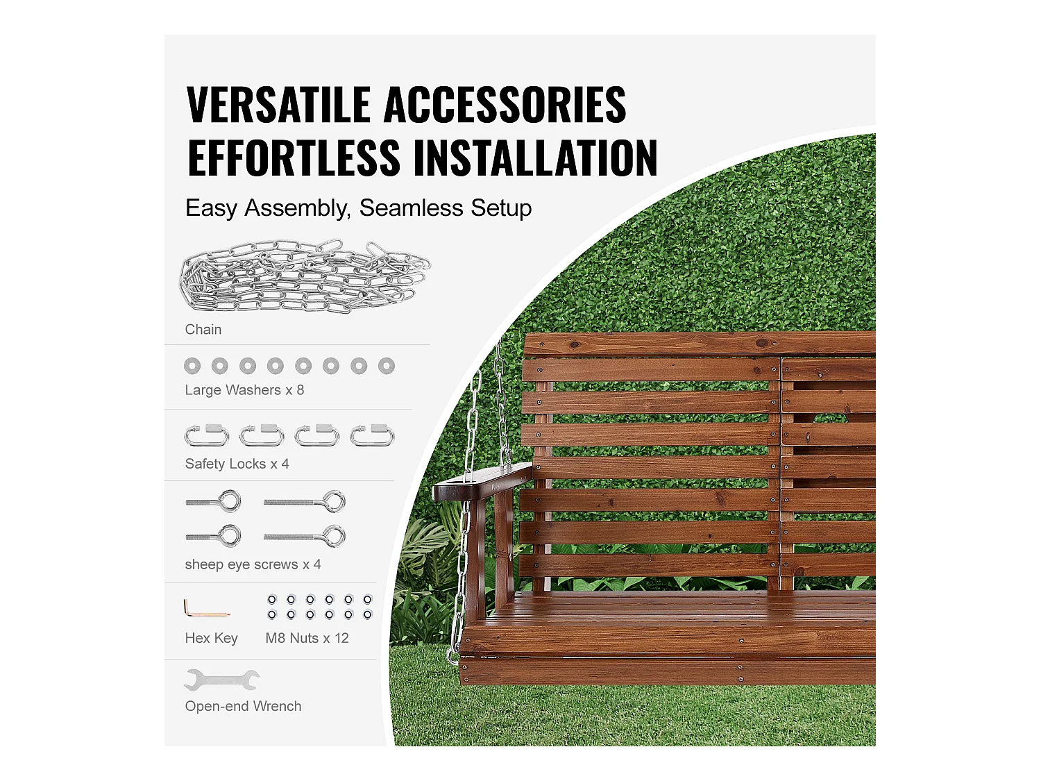 Balançoire de Porche SucceBuy, en Bois de 152,4 cm, Chaise Suspendue pour Jardin, Patio ou Terrasse, Marron