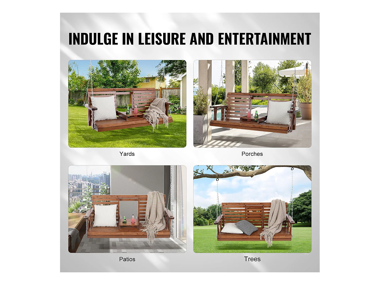 Balançoire de Porche SucceBuy, en Bois de 152,4 cm, Chaise Suspendue pour Jardin, Patio ou Terrasse, Marron