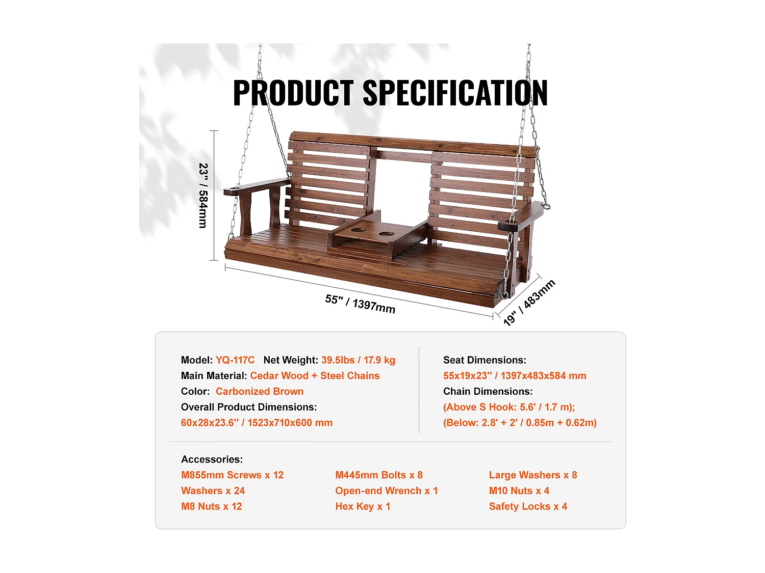 Balançoire de Porche SucceBuy, en Bois de 152,4 cm, Chaise Suspendue pour Jardin, Patio ou Terrasse, Marron