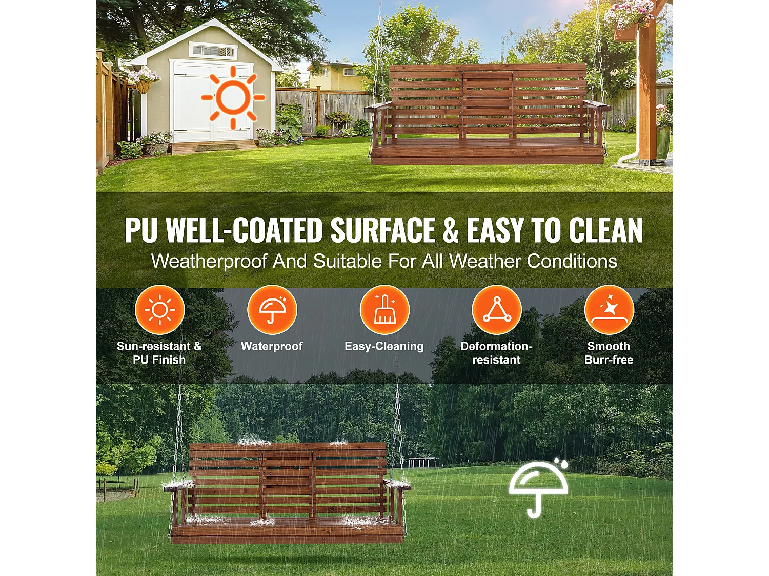 Balançoire de Porche SucceBuy, en Bois de 152,4 cm, Chaise Suspendue pour Jardin, Patio ou Terrasse, Marron