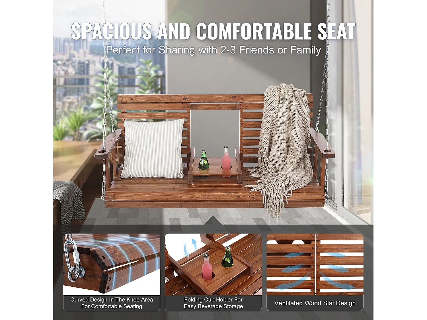 Balançoire de Porche SucceBuy, en Bois de 152,4 cm, Chaise Suspendue pour Jardin, Patio ou Terrasse, Marron