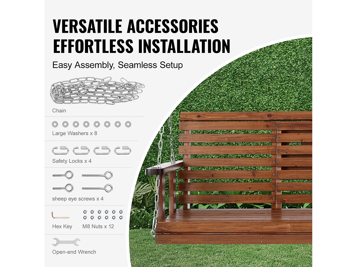 Balançoire de Porche SucceBuy, en Bois de 152,4 cm, Chaise Suspendue pour Jardin, Patio ou Terrasse, Marron