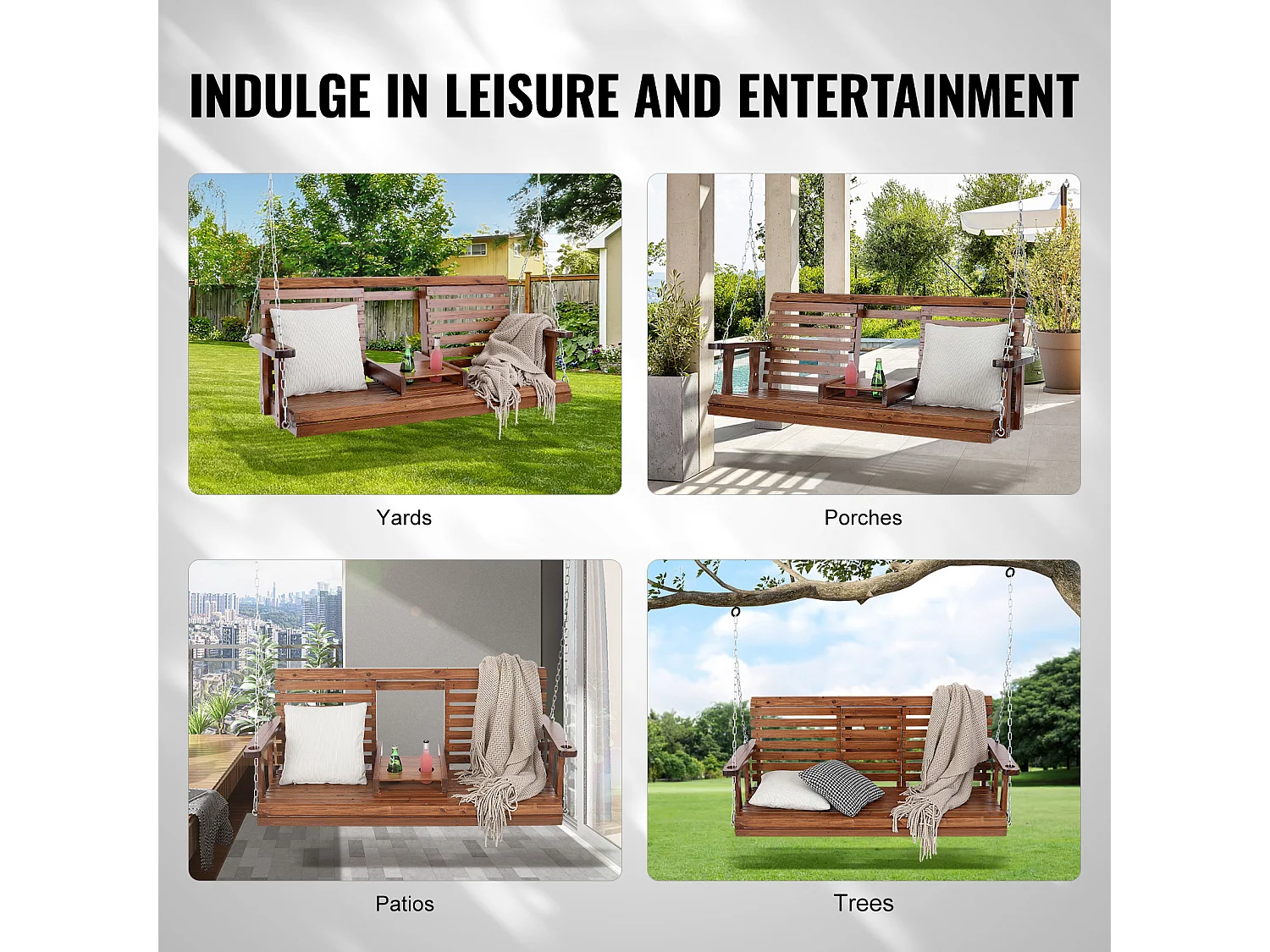 Balançoire de Porche SucceBuy, en Bois de 152,4 cm, Chaise Suspendue pour Jardin, Patio ou Terrasse, Marron