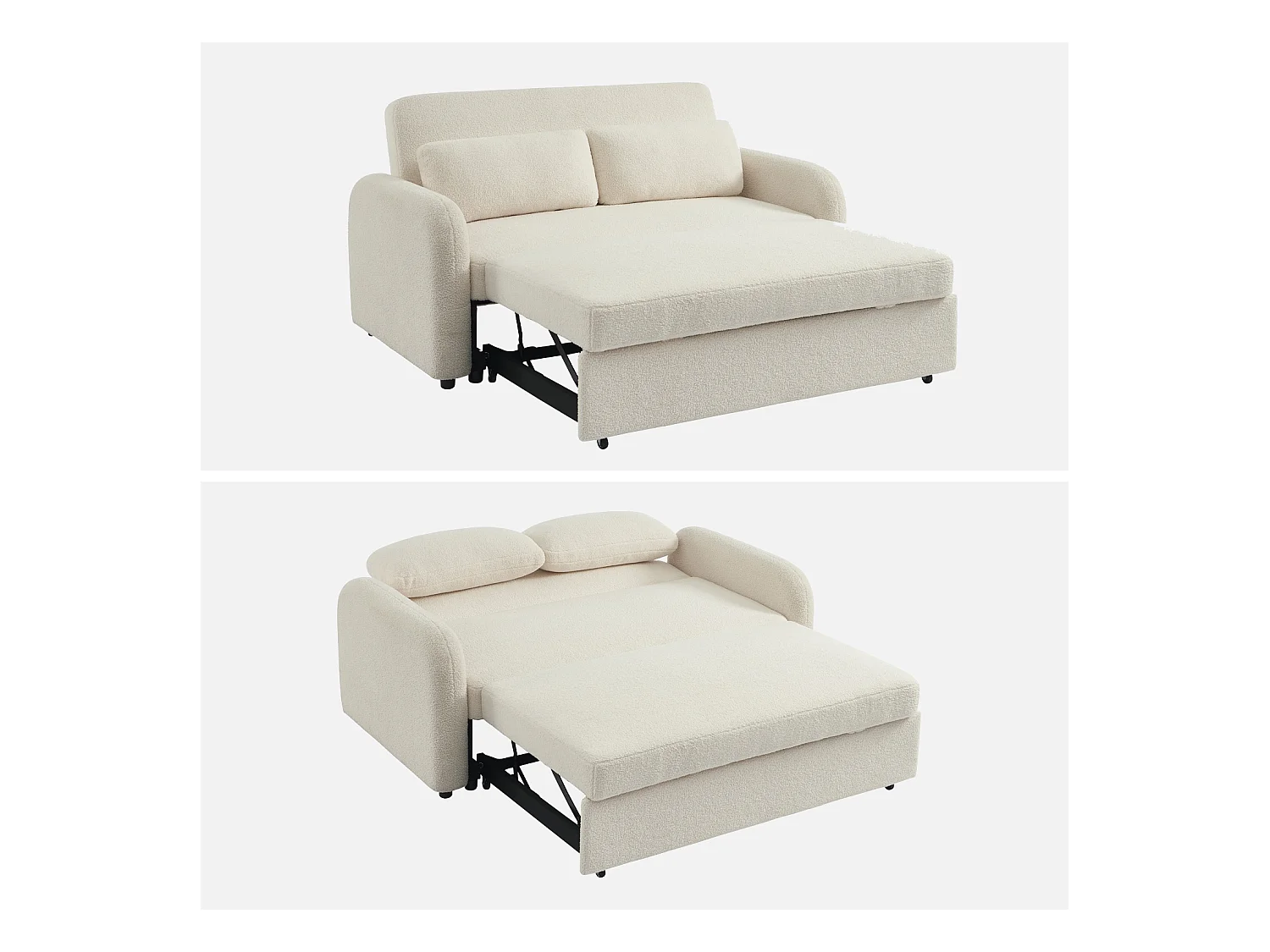 Divano letto arrotondato 2 posti bouclé, crema