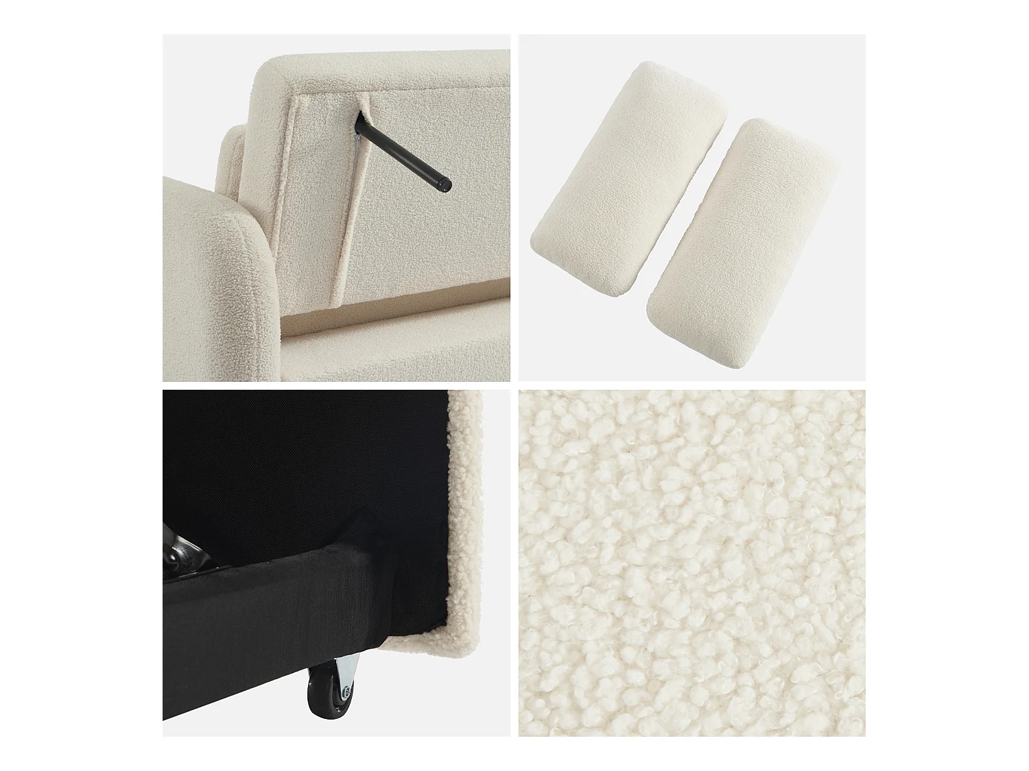 Divano letto arrotondato 2 posti bouclé, crema