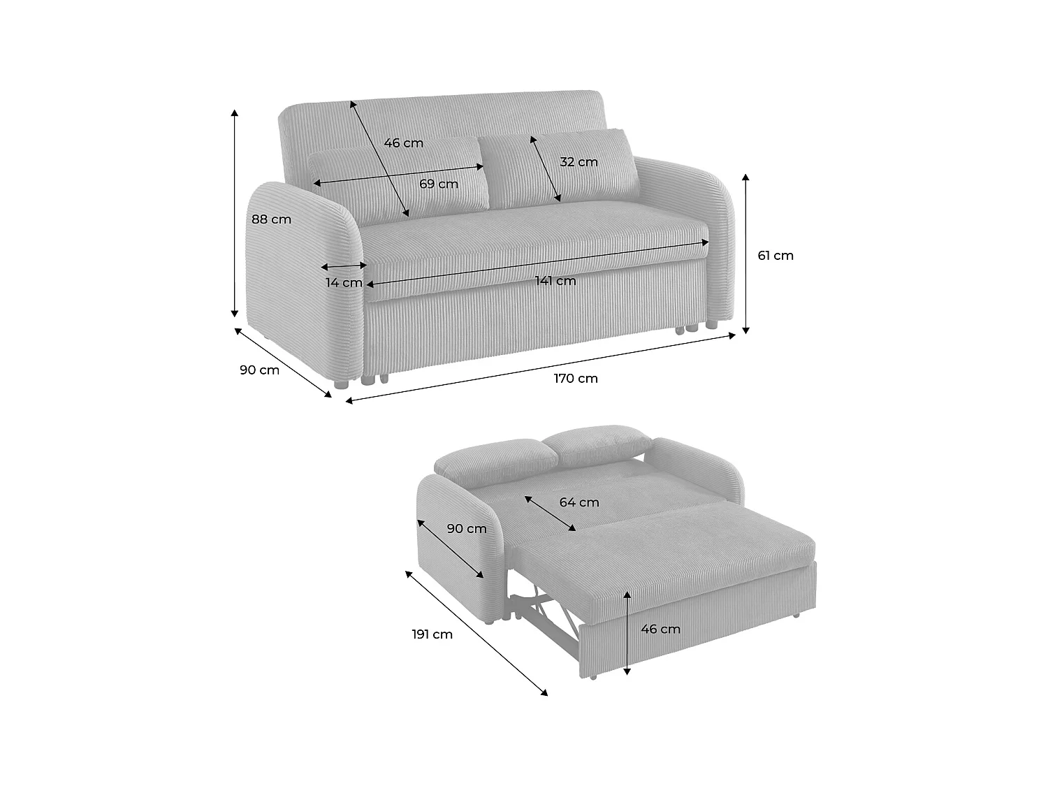 Divano letto arrotondato 2 posti bouclé, crema