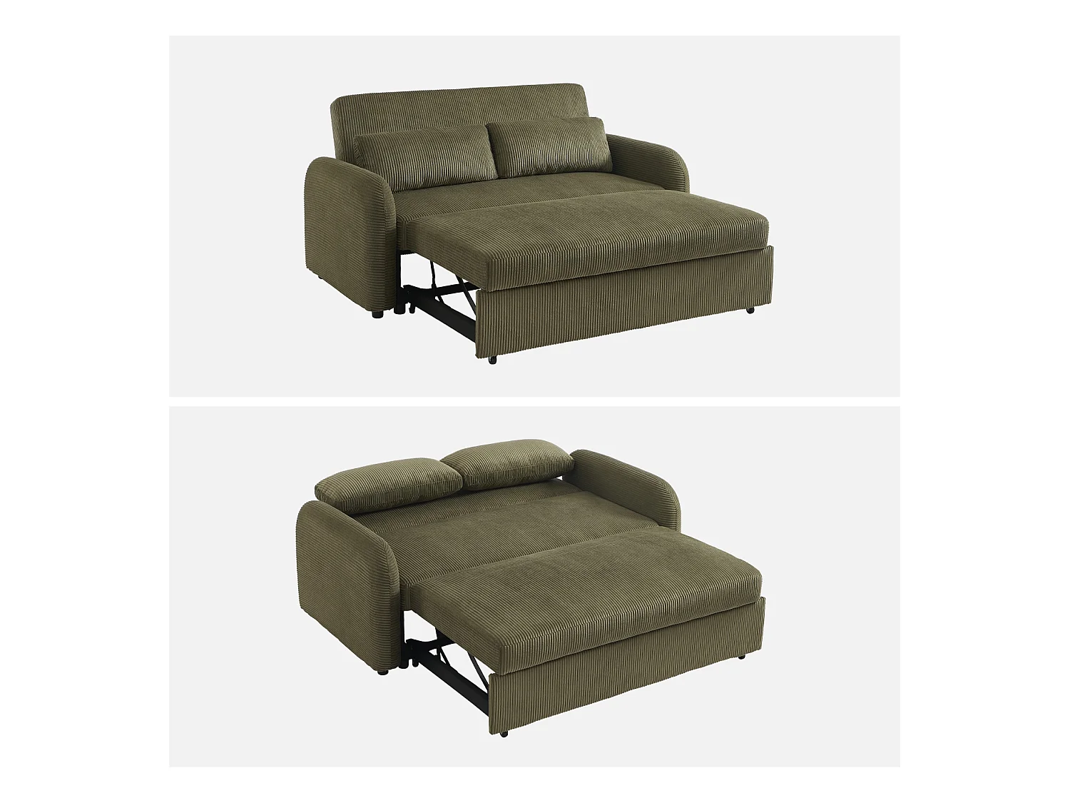 Sofá cama redondeado de pana fina, 2 plazas verde kaki