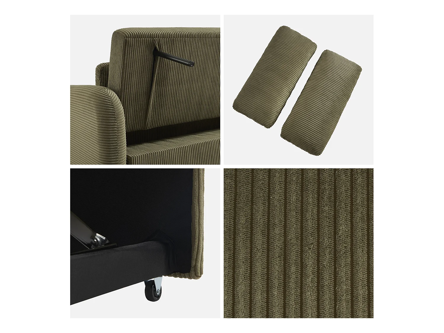 Sofá cama redondeado de pana fina, 2 plazas verde kaki