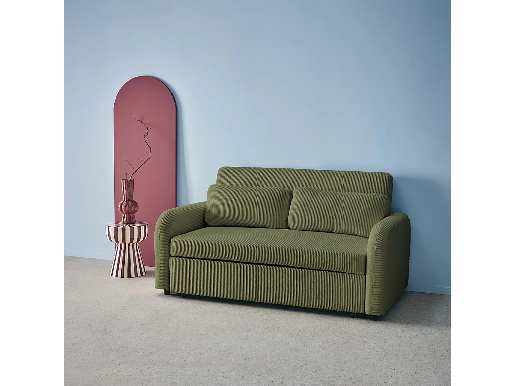 Sofá cama redondeado de pana fina, 2 plazas verde kaki