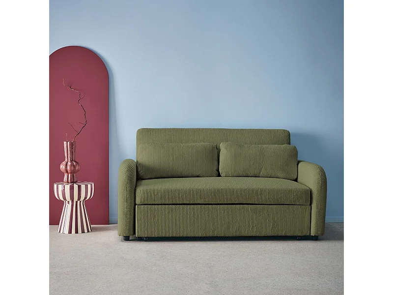 Canapé convertible arrondi 2 places velours côtelé kaki L 168 x P 90 x H 88cm - Lino