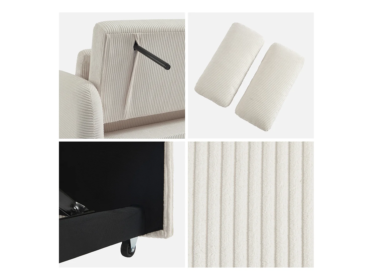 Sofá cama redondeado de pana fina, 2 plazas blanco