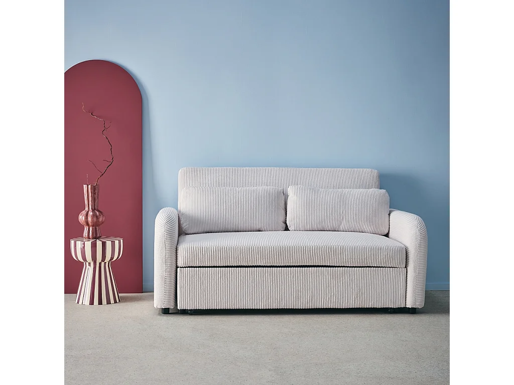 Sofá cama redondeado de pana fina, 2 plazas blanco