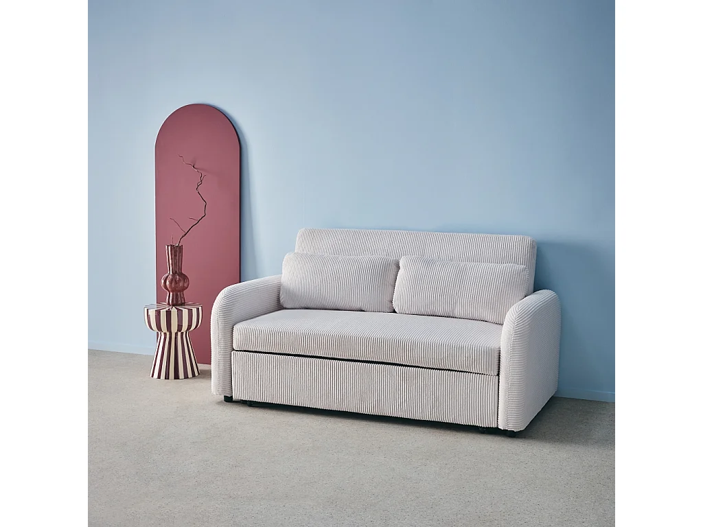 Sofá cama redondeado de pana fina, 2 plazas blanco