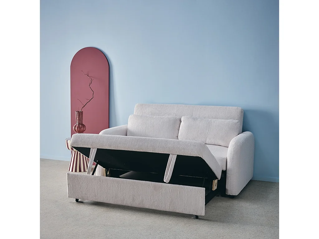 Sofá cama redondeado de pana fina, 2 plazas blanco