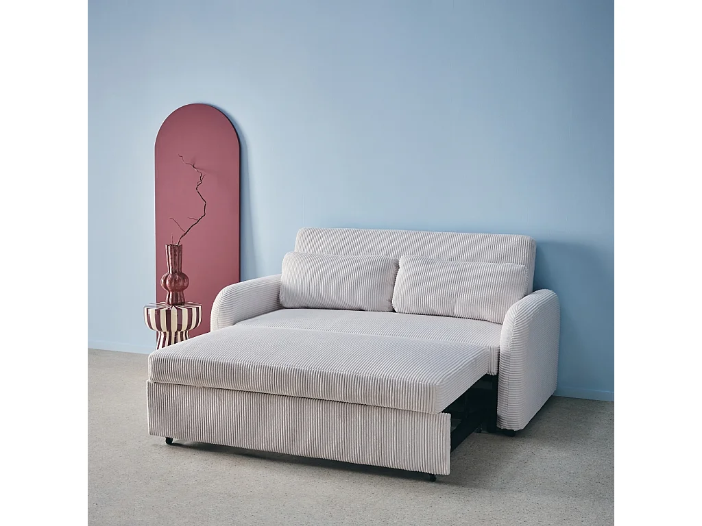 Sofá cama redondeado de pana fina, 2 plazas blanco