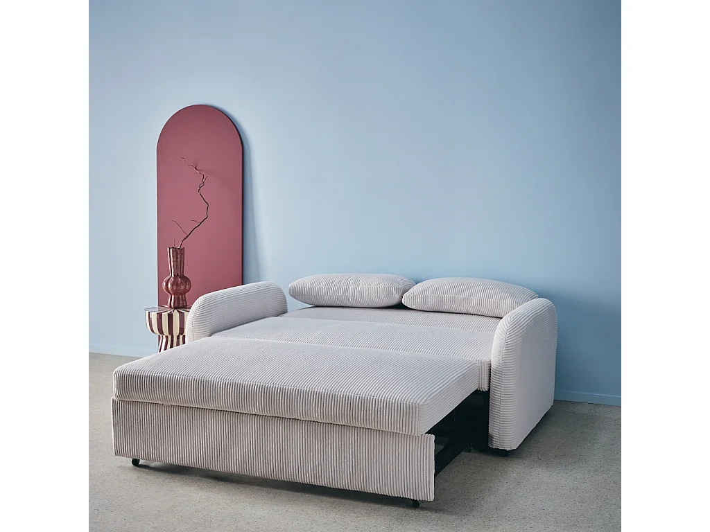 Sofá cama redondeado de pana fina, 2 plazas blanco