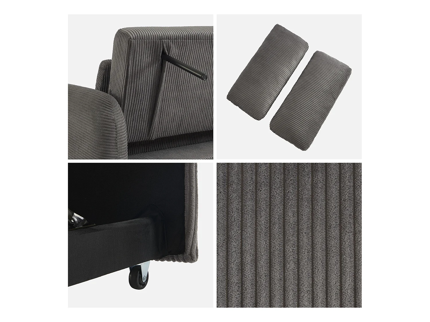 Sofá cama redondeado de pana fina, 2 plazas gris oscuro