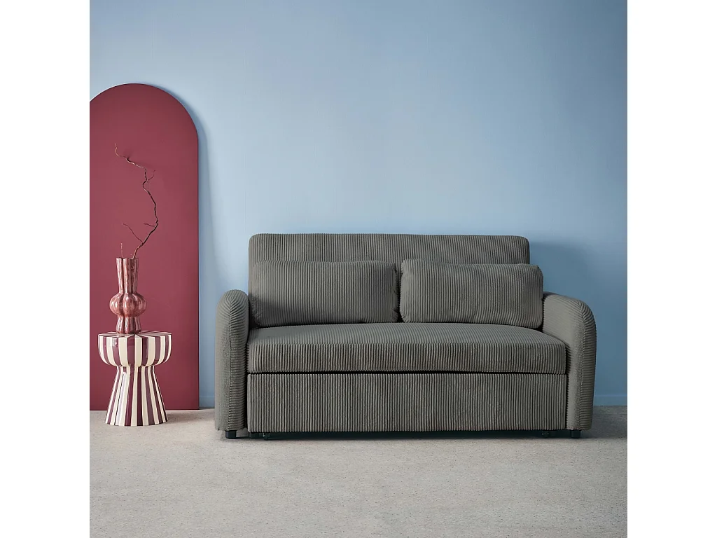 Sofá cama redondeado de pana fina, 2 plazas gris oscuro