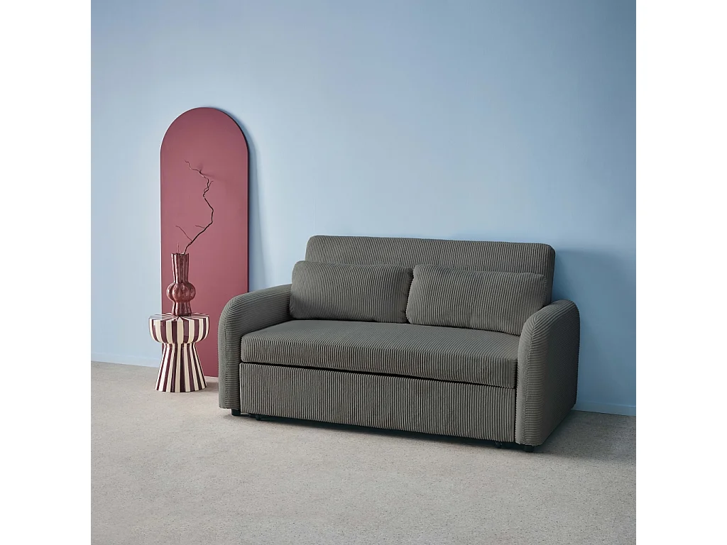 Sofá cama redondeado de pana fina, 2 plazas gris oscuro