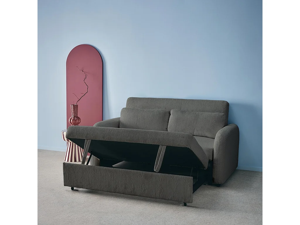 Sofá cama redondeado de pana fina, 2 plazas gris oscuro