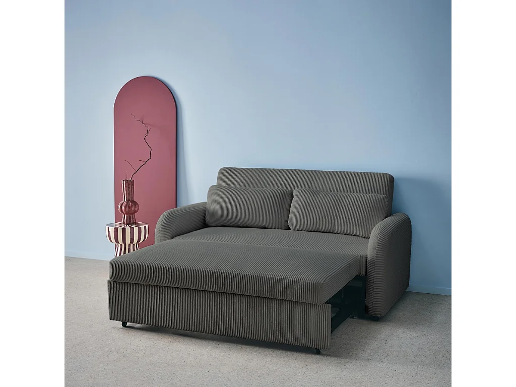 Sofá cama redondeado de pana fina, 2 plazas gris oscuro