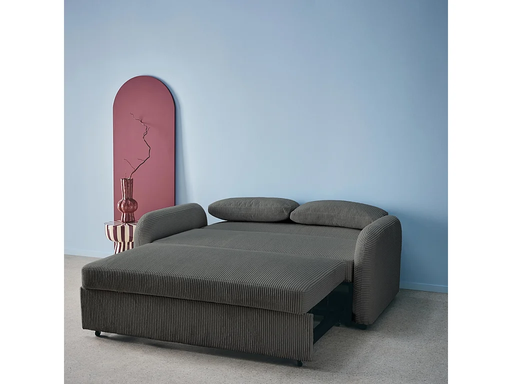 Sofá cama redondeado de pana fina, 2 plazas gris oscuro