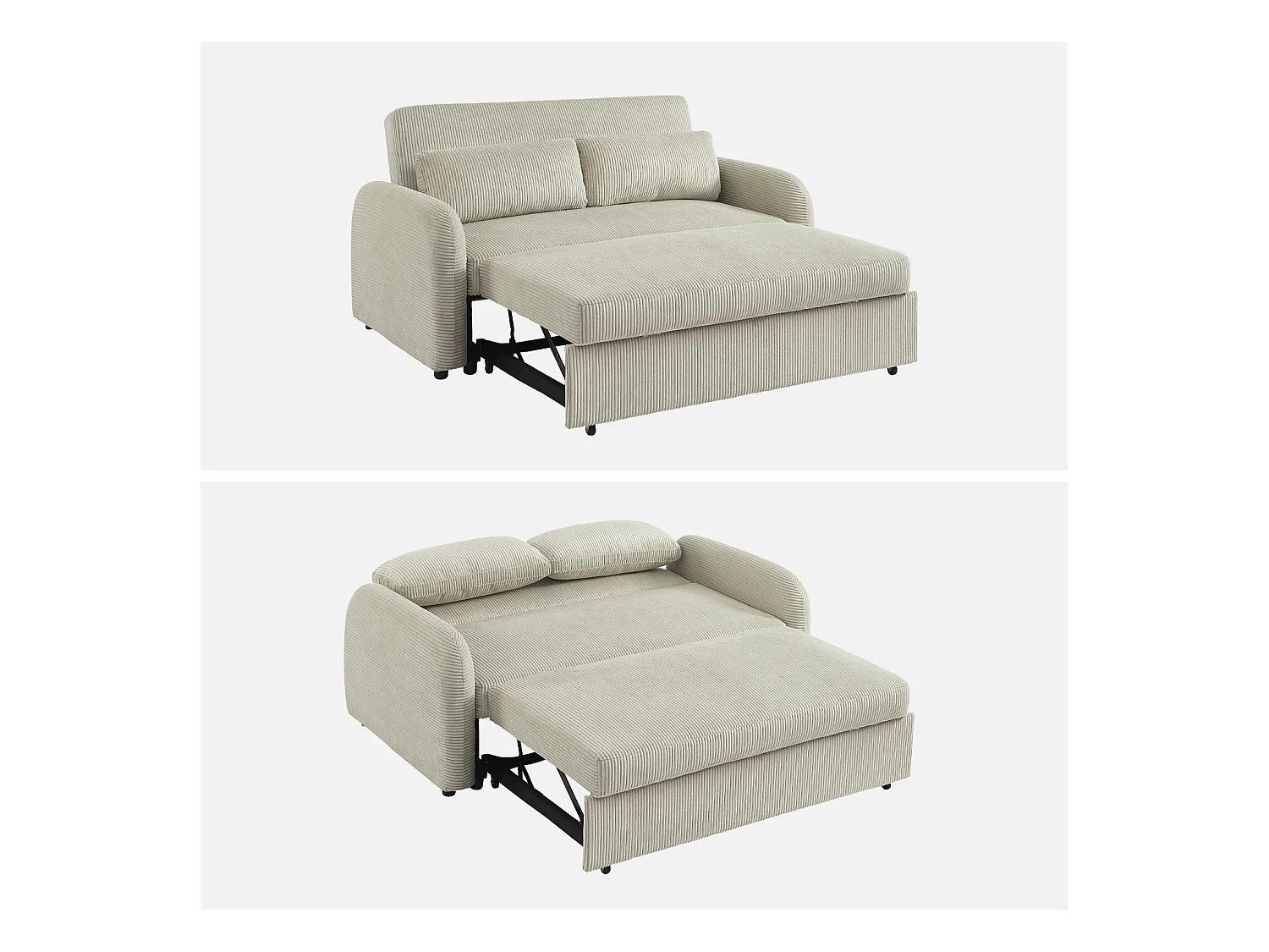 Sofá cama redondeado de pana fina, 2 plazas gris claro