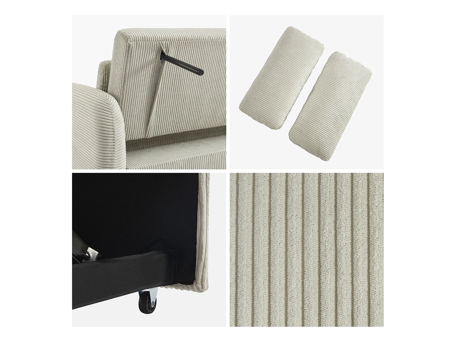 Sofá cama redondeado de pana fina, 2 plazas gris claro