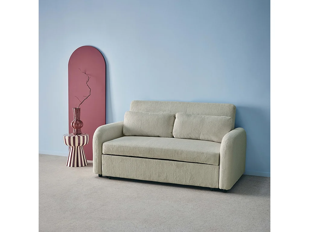 Sofá cama redondeado de pana fina, 2 plazas gris claro