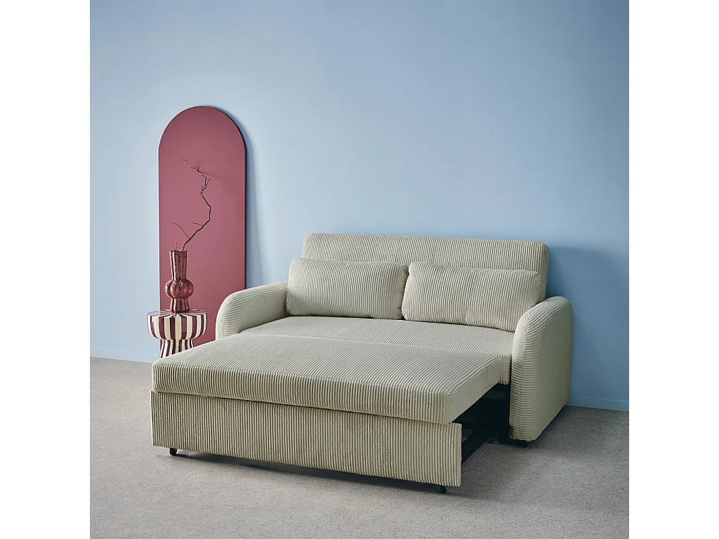 Sofá cama redondeado de pana fina, 2 plazas gris claro