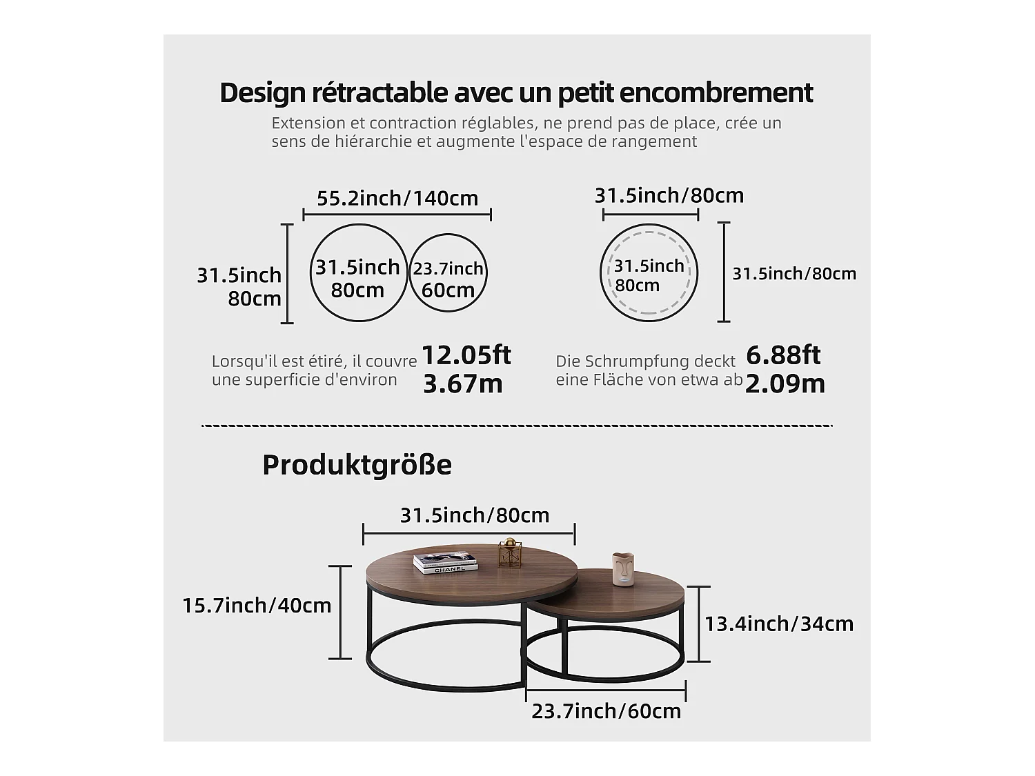 Table basse ronde Tables basses Table de salon ronde Coffee Table 2 pièces Tables d'appoint Tables gigognes Bois Métal Moderne,noyer brun