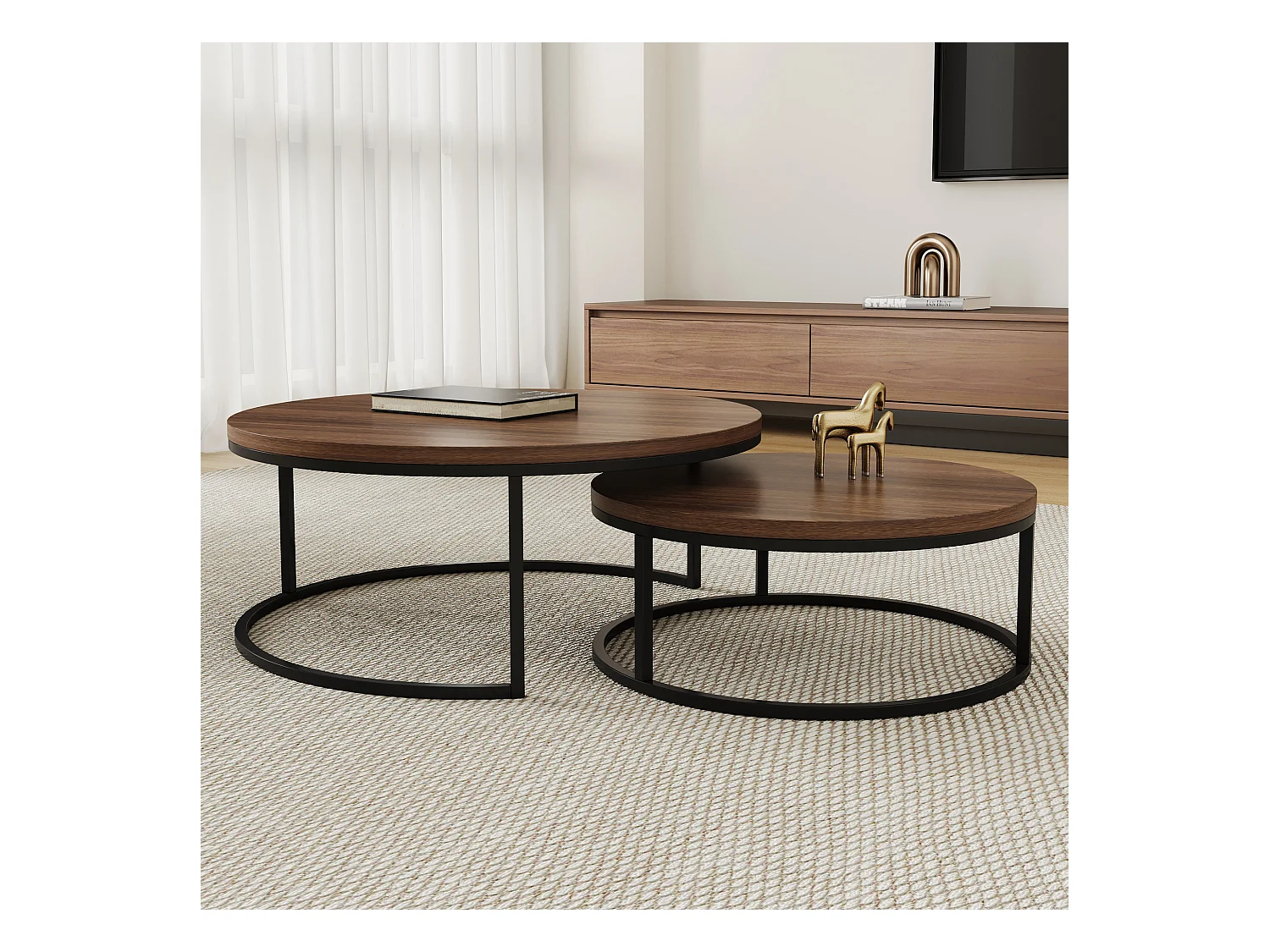 Table basse ronde Tables basses Table de salon ronde Coffee Table 2 pièces Tables d'appoint Tables gigognes Bois Métal Moderne,noyer brun